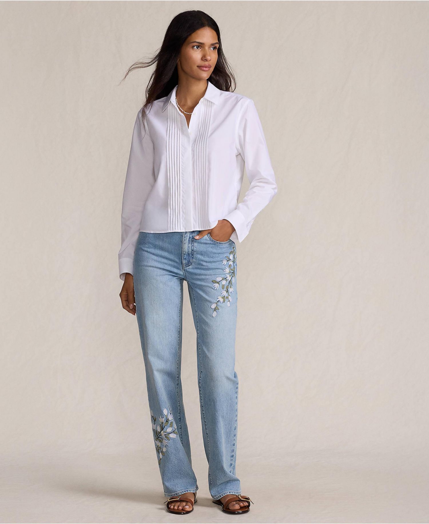 Petite Soft Denim Mid Rise Relaxed Straight Leg Embroidered Jeans