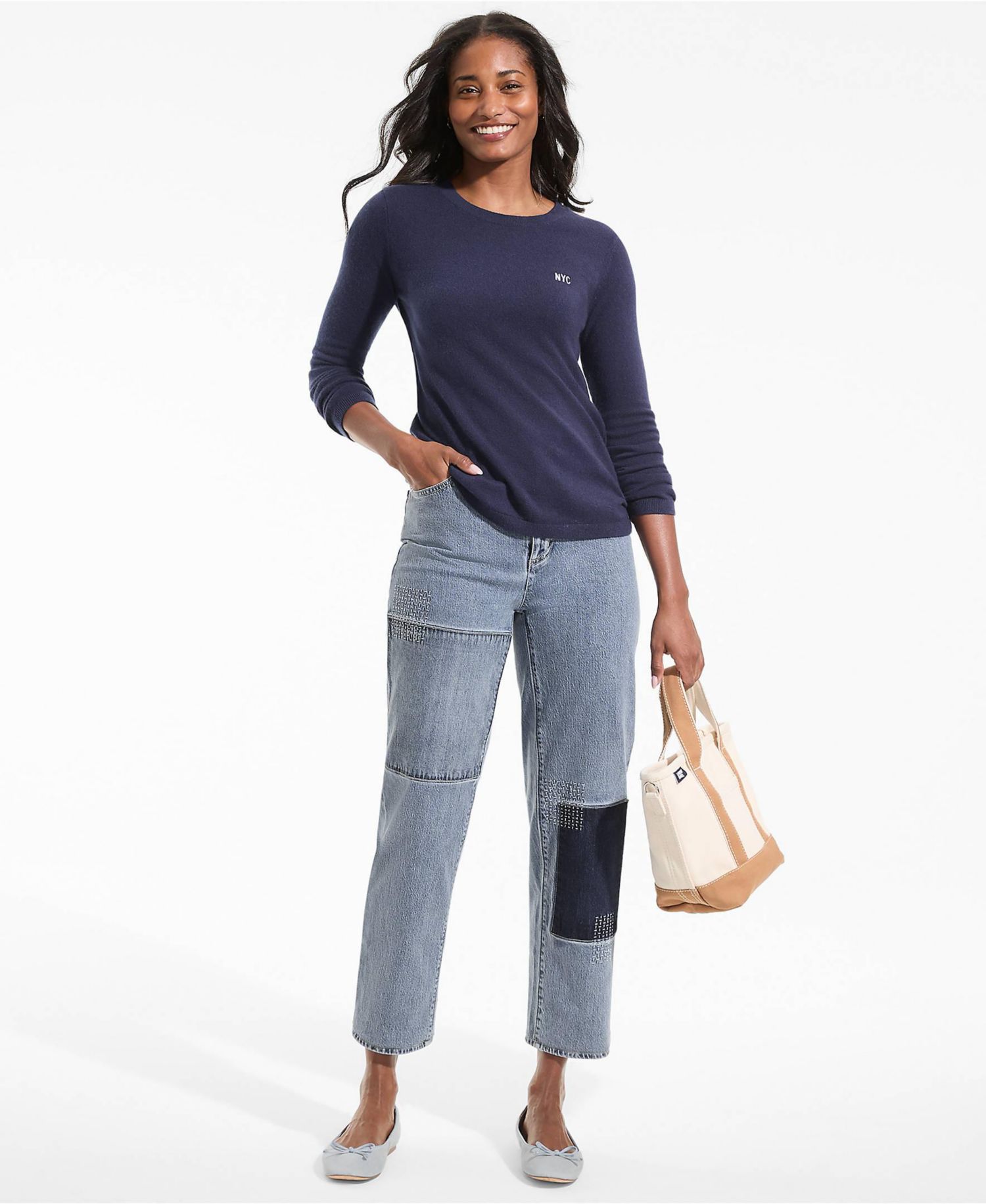 Petite Soft Denim Mid Rise Relaxed Straight Crop Patchwork Jeans