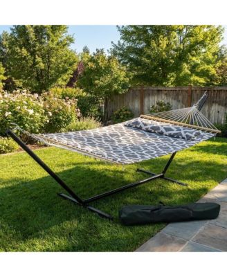 Double Hammock with Stand for 2 Adults, Heavy Duty Portable Quilted Hammock Bed, Freestanding for Patio Garden Yard Lawn Camping, Spacious