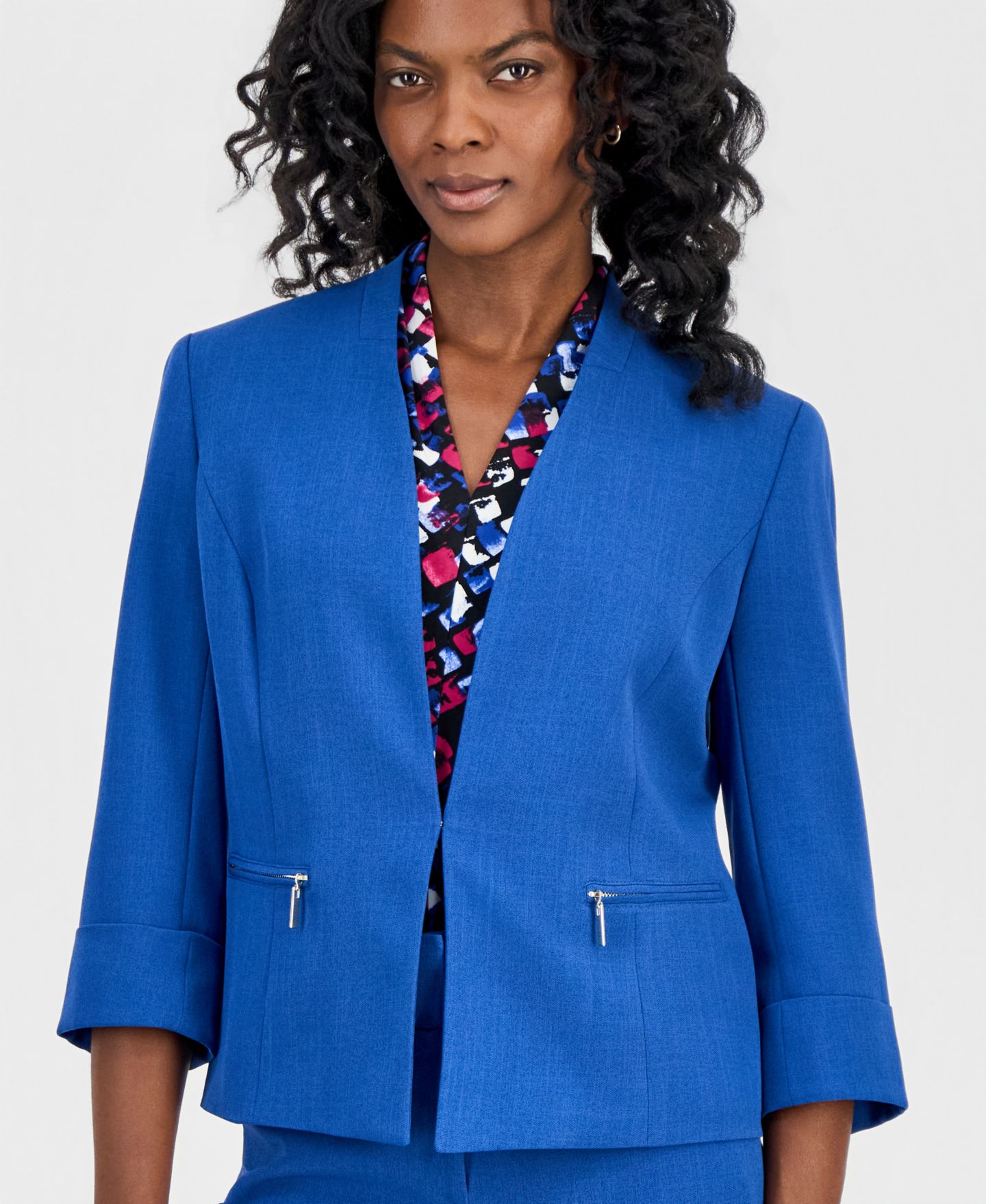 Женский пиджак Kasper Collarless Zip-Pocket Cuffed-Sleeve Blazer, цвет: Синий ночной — фото 3