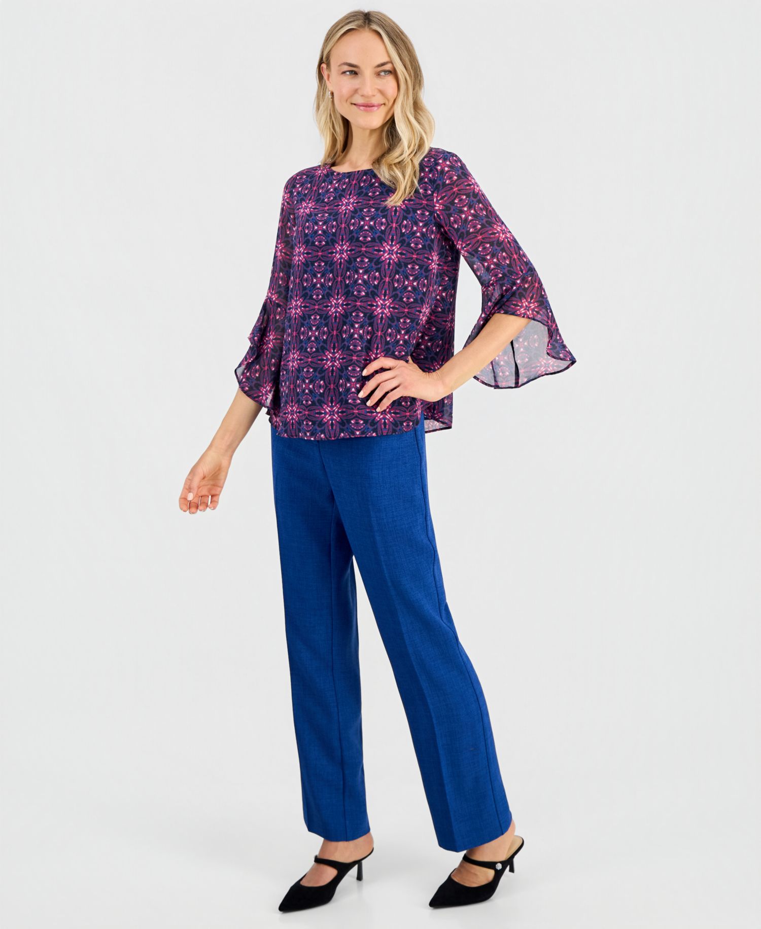 Petite Printed Boat-Neck Ruffle-Sleeve Blouse