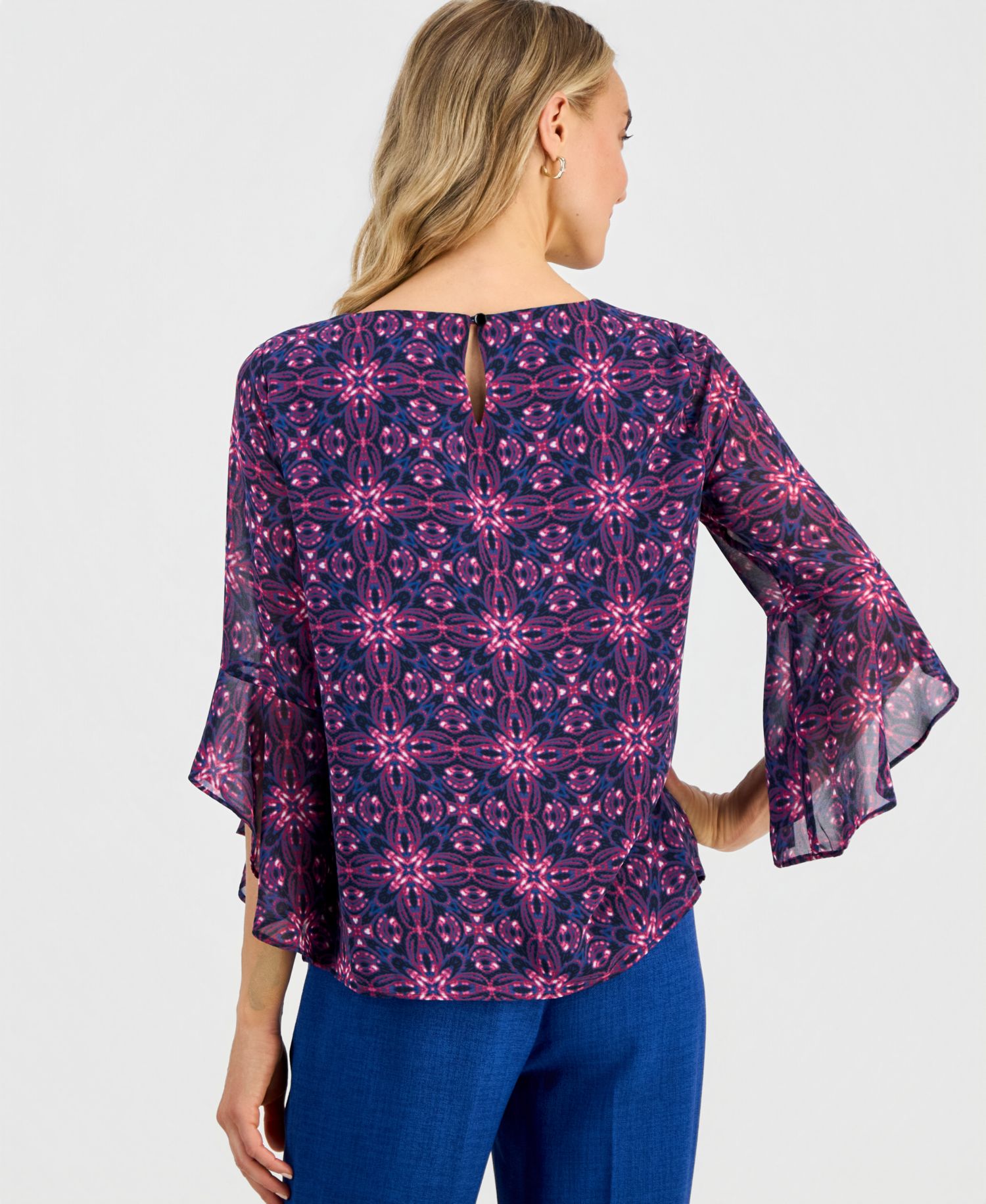 Petite Printed Boat-Neck Ruffle-Sleeve Blouse