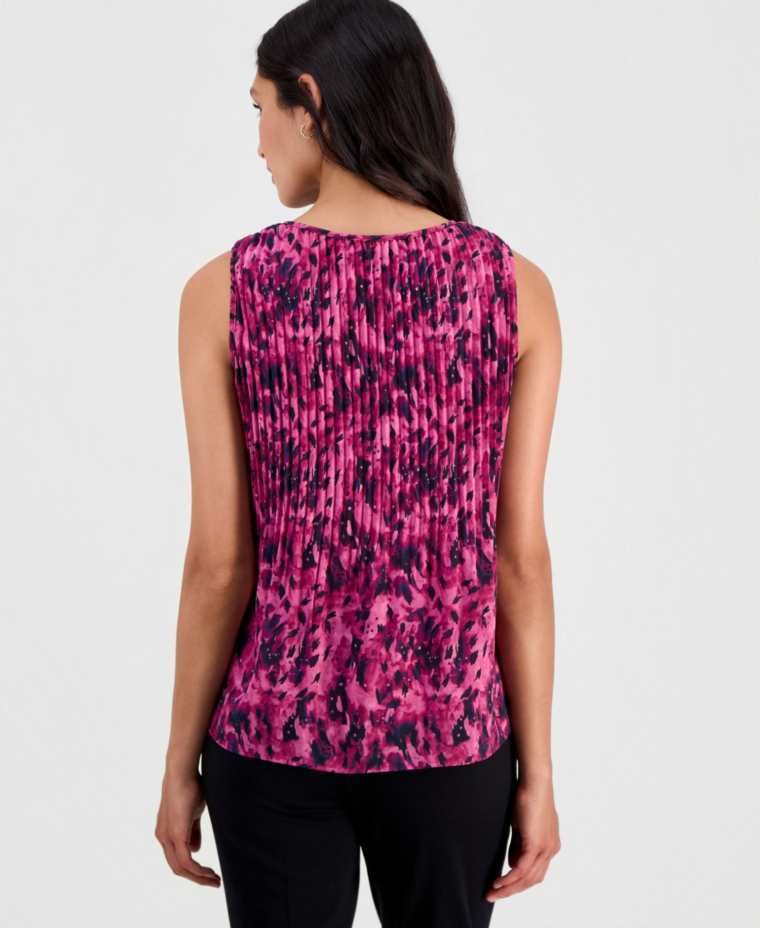 Women's Printed Crewneck Sleeveless Pleated Blouse