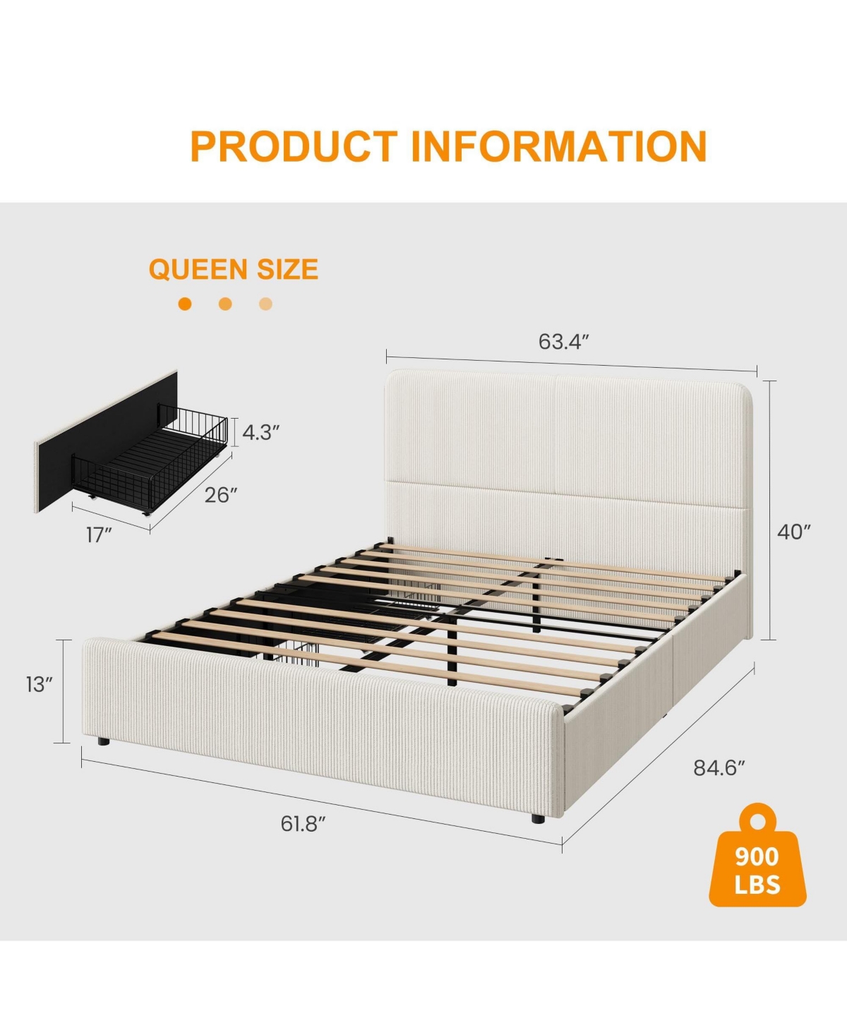 homfan Upholstered Platform Bed Frame with Headboard and 2 Storage Drawers, Wood Slat Support