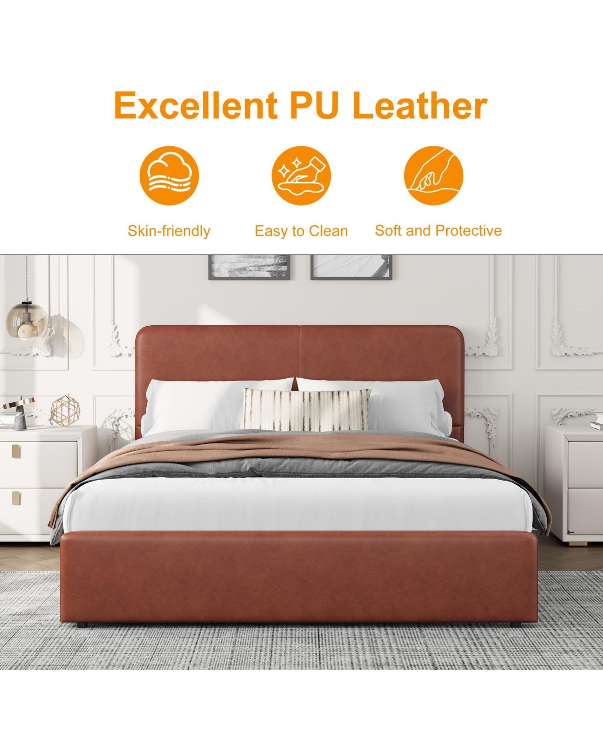 homfan Upholstered Platform Bed Frame with Headboard and 2 Storage Drawers, Wood Slat Support