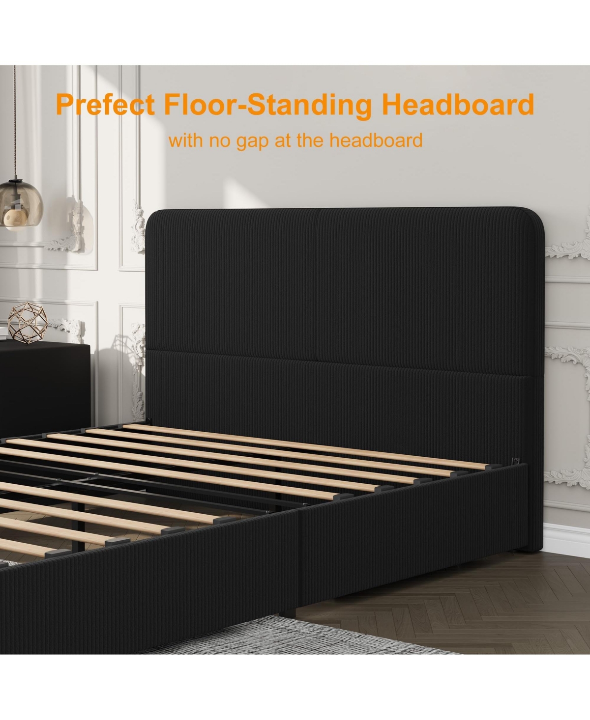 homfan Upholstered Platform Bed Frame with Headboard and 2 Storage Drawers, Wood Slat Support
