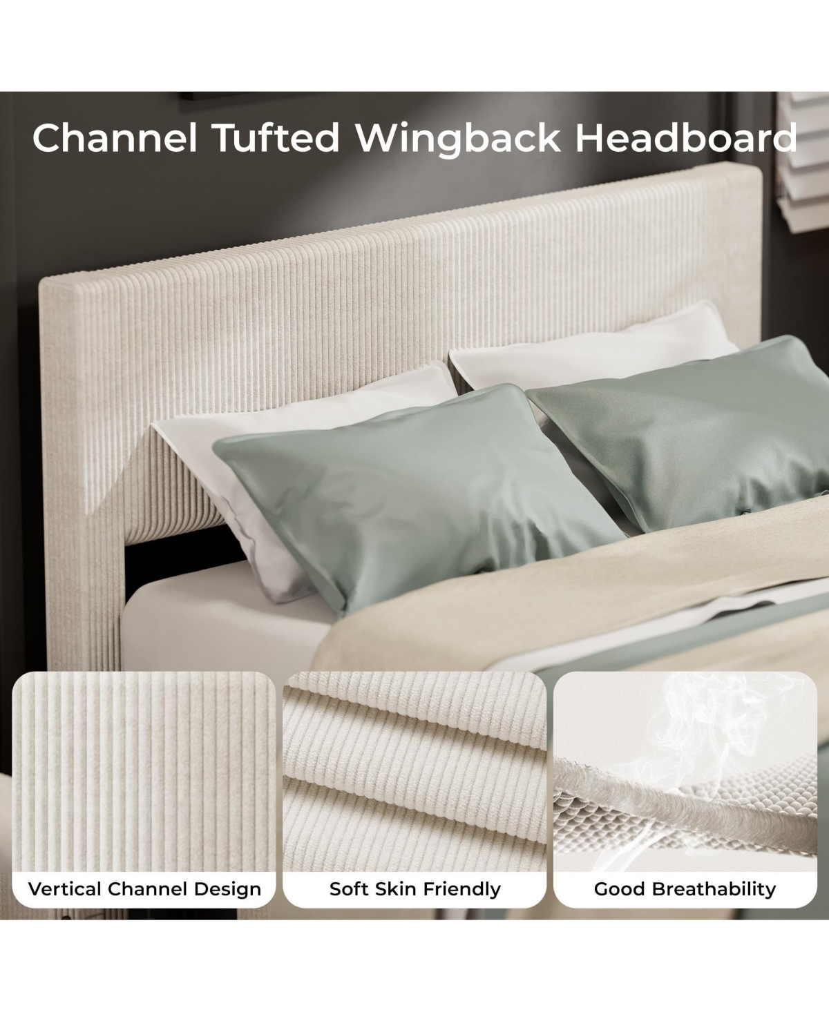 homfan Upholstered Platform Bed Frame with 4 Storage Drawers, Corduroy Channel Tufted Wingback Headboard