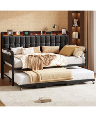 Upholstered Twin Daybed with Trundle, LED Lights, Charging Station and Storage Headboard, Metal Slat Support