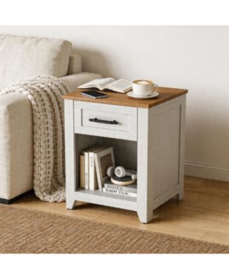 Farmhouse Nightstand with Charging Station - Drawers and Open Shelf, USB/Type-C/AC Outlets