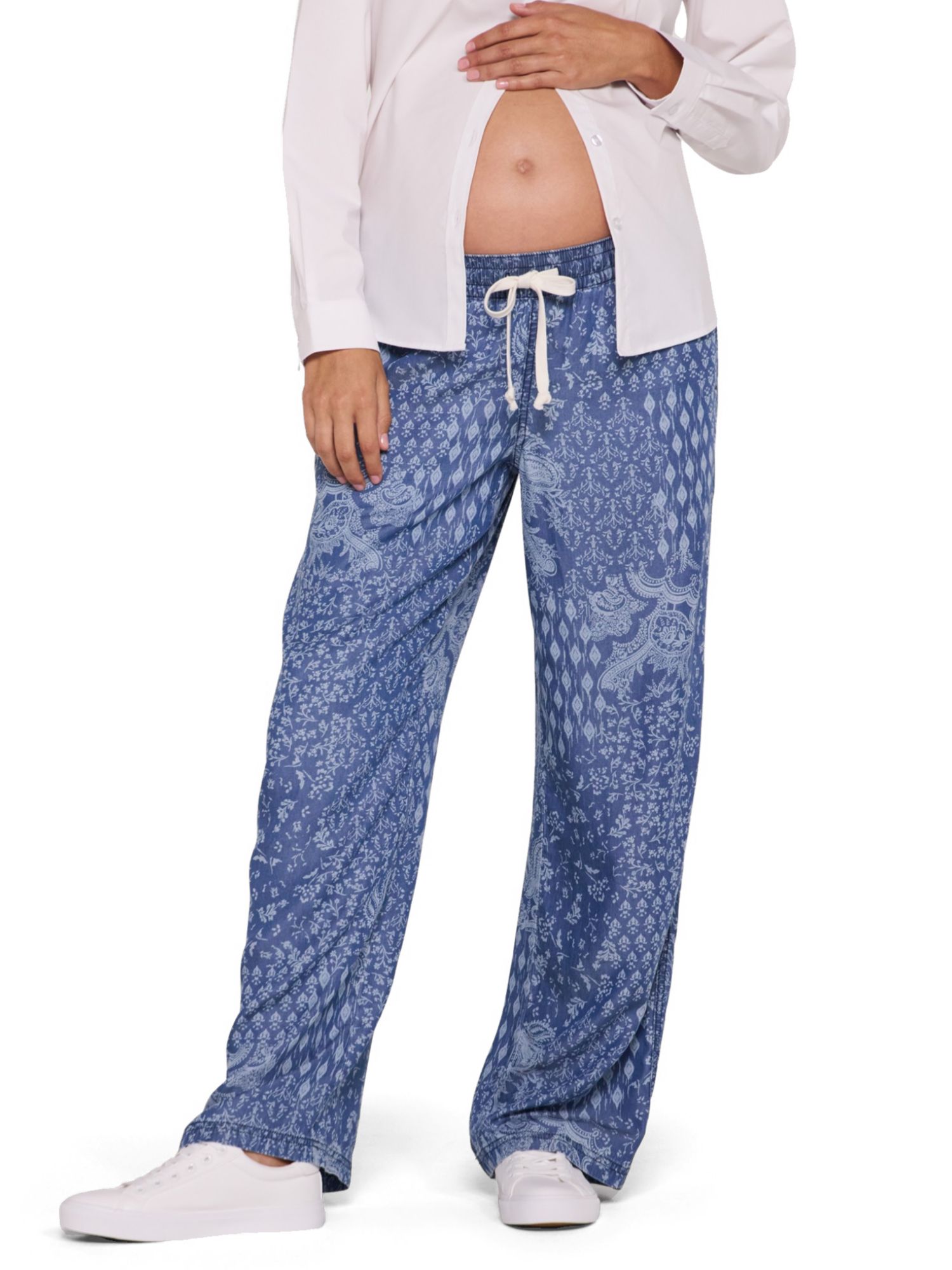 Women's Motherhood Under the Belly Tie Waist Denim Wide Leg Pant