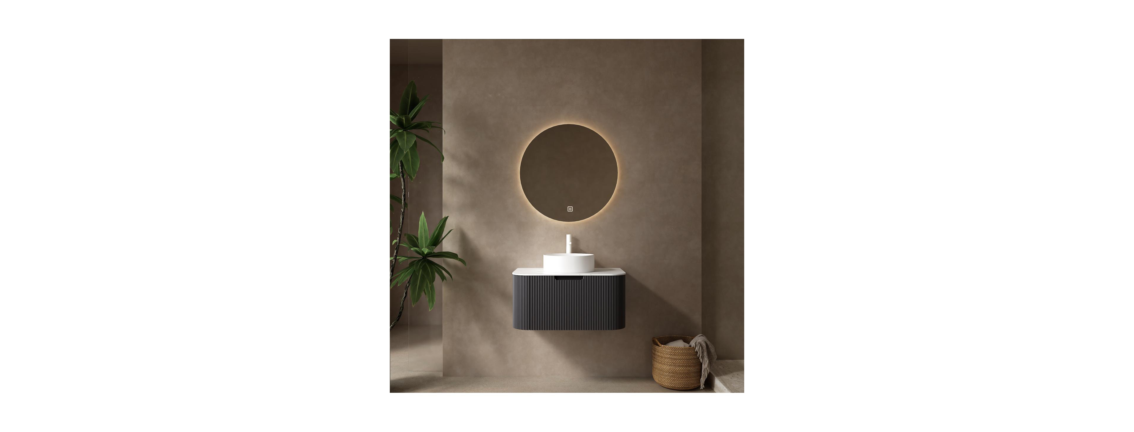 Sillysis Wall Mounted Bathroom Vanity with Sintered Stone Top, Round Ceramic Sink, Black Striped Drawer