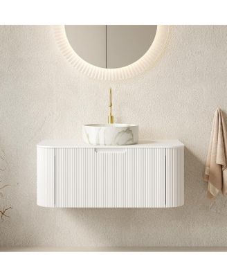 Wall Mounted Bathroom Vanity with White Sintered Stone Top, Round Ceramic Bowl Sink, Pre-assembled