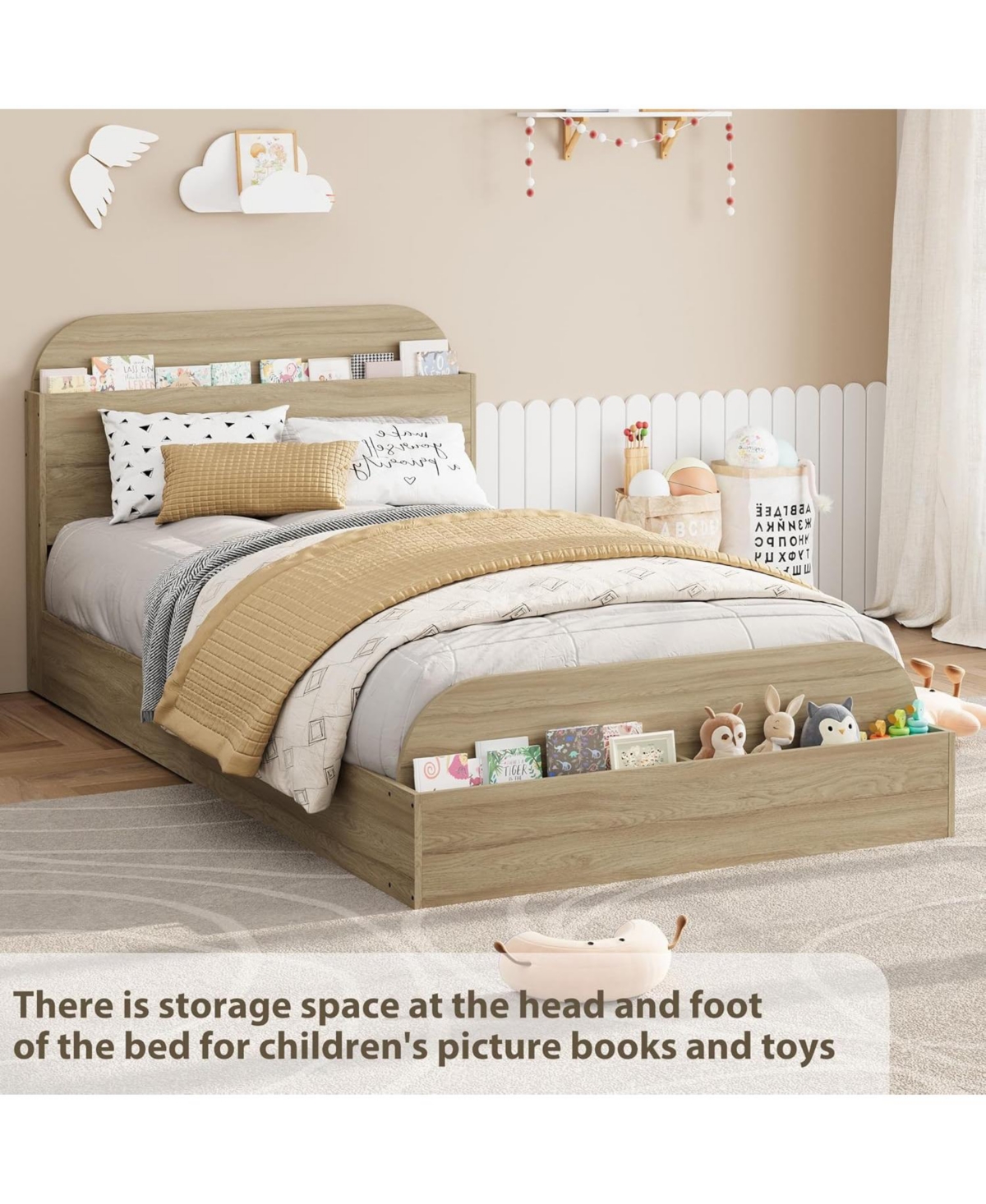 gaomon Bed Frame, Wooden Beds with Storage Headboard and Raised-Foodboard, Floor Low Platform for Bedroom