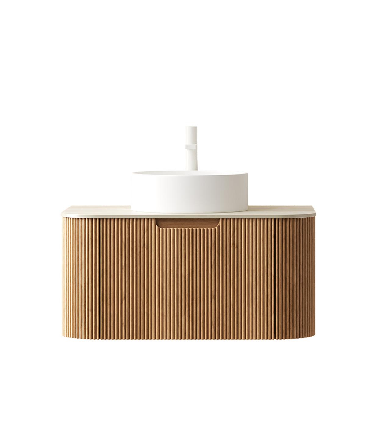 Sillysis Wall Mounted Bathroom Vanity with Sintered Stone Top, Round Ceramic Vessel Sink, Wood Grain Drawer