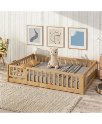 Floor Bed with Fence and Door, Solid Wood Kids Platform Bed Frame