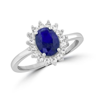 Elegant Oval Sapphire Halo CZ Flower Design Ring