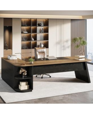 79-Inch Executive Desk, Large Office Desk with Cabinet, L-Shaped Compter Desk with Storage Shelves, Writing Table