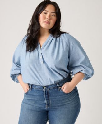 Plus Size V-Neck Chambray Relaxed-Fit Reverie Cotton Top