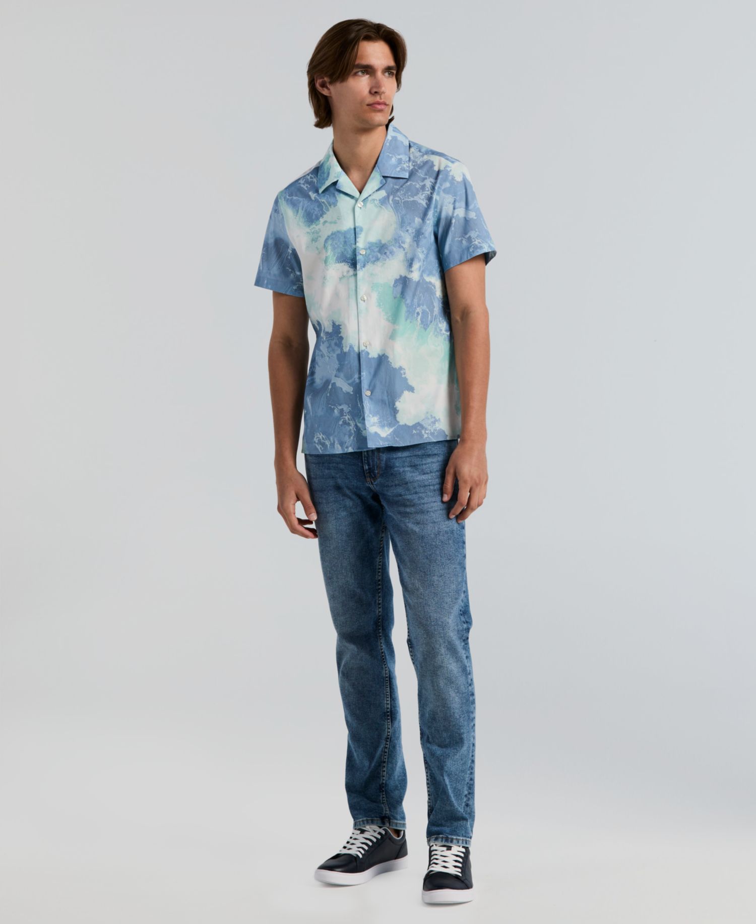 Men's Wave Print Camp Collar Shirt