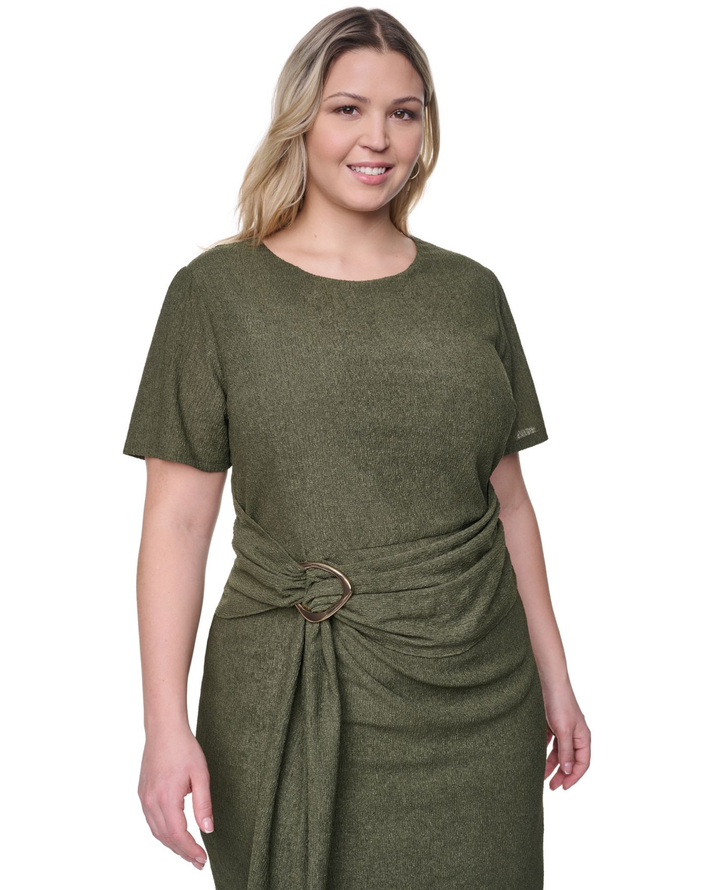 Женское платье Vince Camuto Plus Size Jewel Neck Short-Sleeve Dress, цвет: Оливковый — фото 3