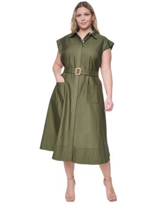 Plus Size Trapunto Stitch Short-Sleeve Belted Midi Shirt-Dress