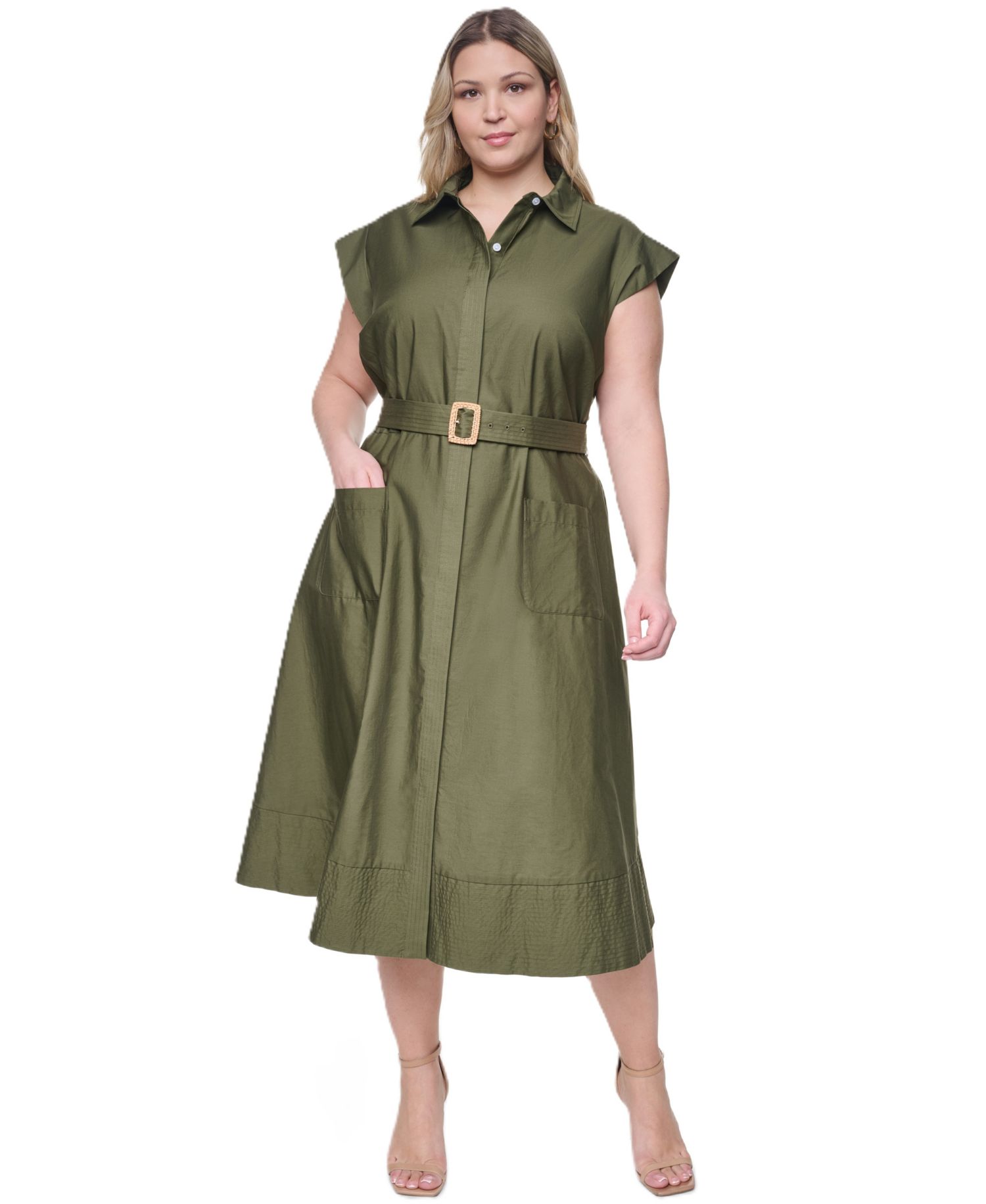 Plus Size Trapunto Stitch Short-Sleeve Belted Midi Shirt-Dress