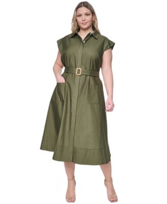 Eliza J Plus Size Trapunto Stitch Short-Sleeve Belted Midi Shirt