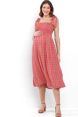 Floral Smocked Sleeveless Midi Maternity Dress with Adjustable Straps