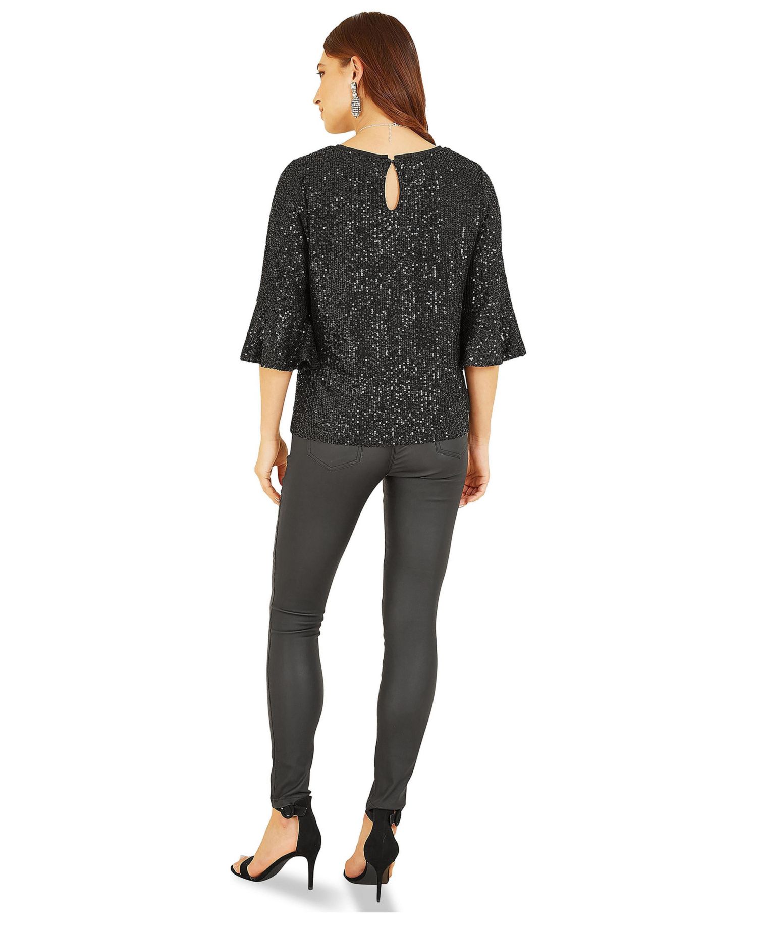 Women's Sequin V-Neck Fluted Sleeve Top