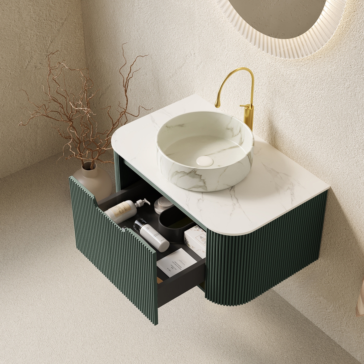 Sillysis Wall Mounted Bathroom Vanity with Sintered Stone Top, Round Ceramic Basin, Stripe Drawer Panel