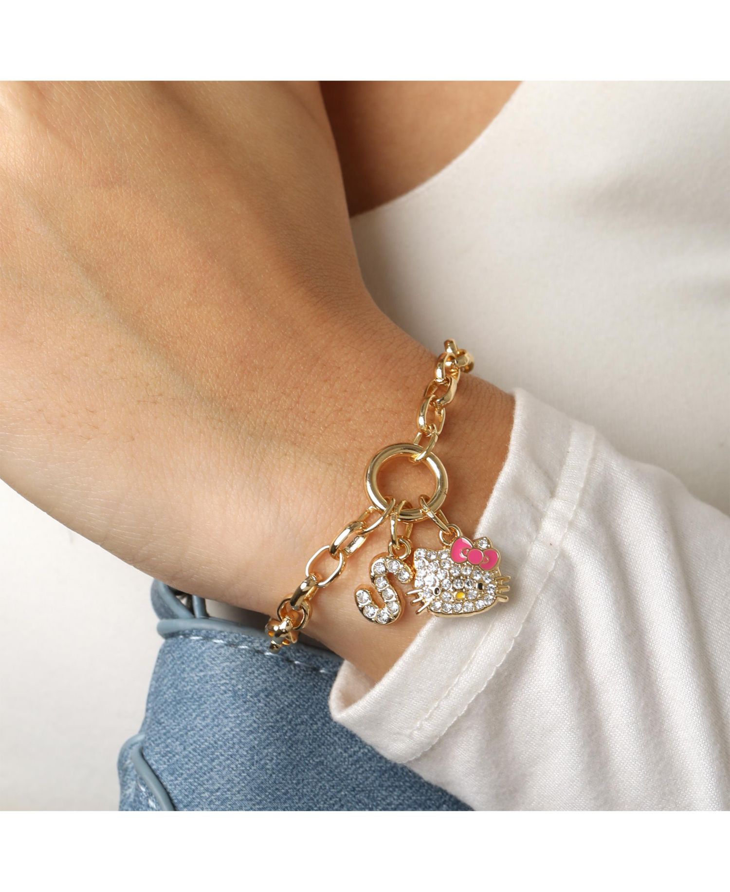Initial Crystal Charm Bracelet, Gold-Tone, Adjustable