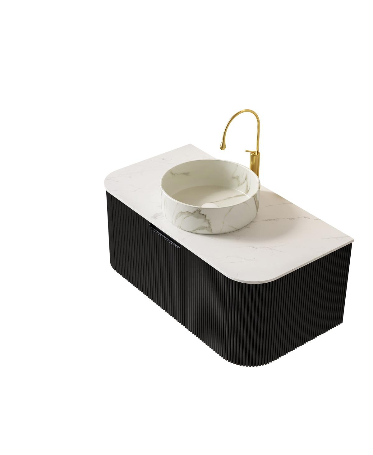 Sillysis Wall Mounted Bathroom Vanity with Carrara Sintered Stone Top, Round Ceramic Sink, Stripe Drawer