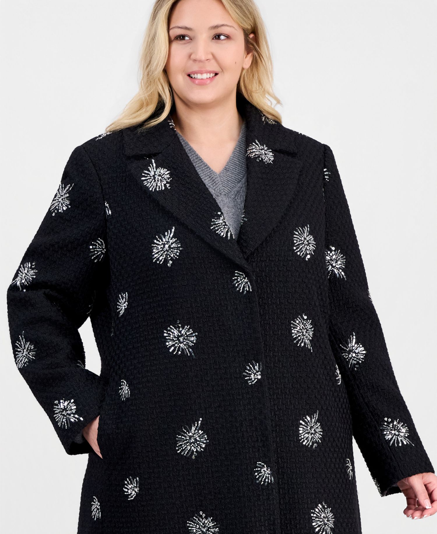 Plus Size Single-Breasted Sparkle Boucl&eacute; Maxi Coat