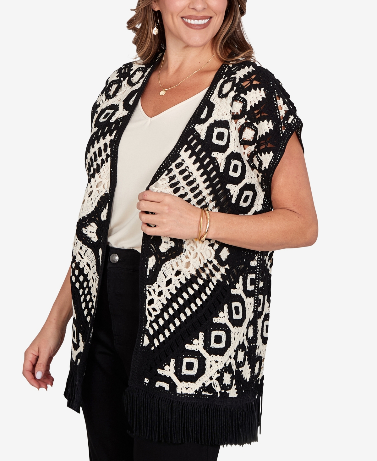Ruby Rd. Plus Size Medallion Crochet Fringe Sleeveless Cardigan
