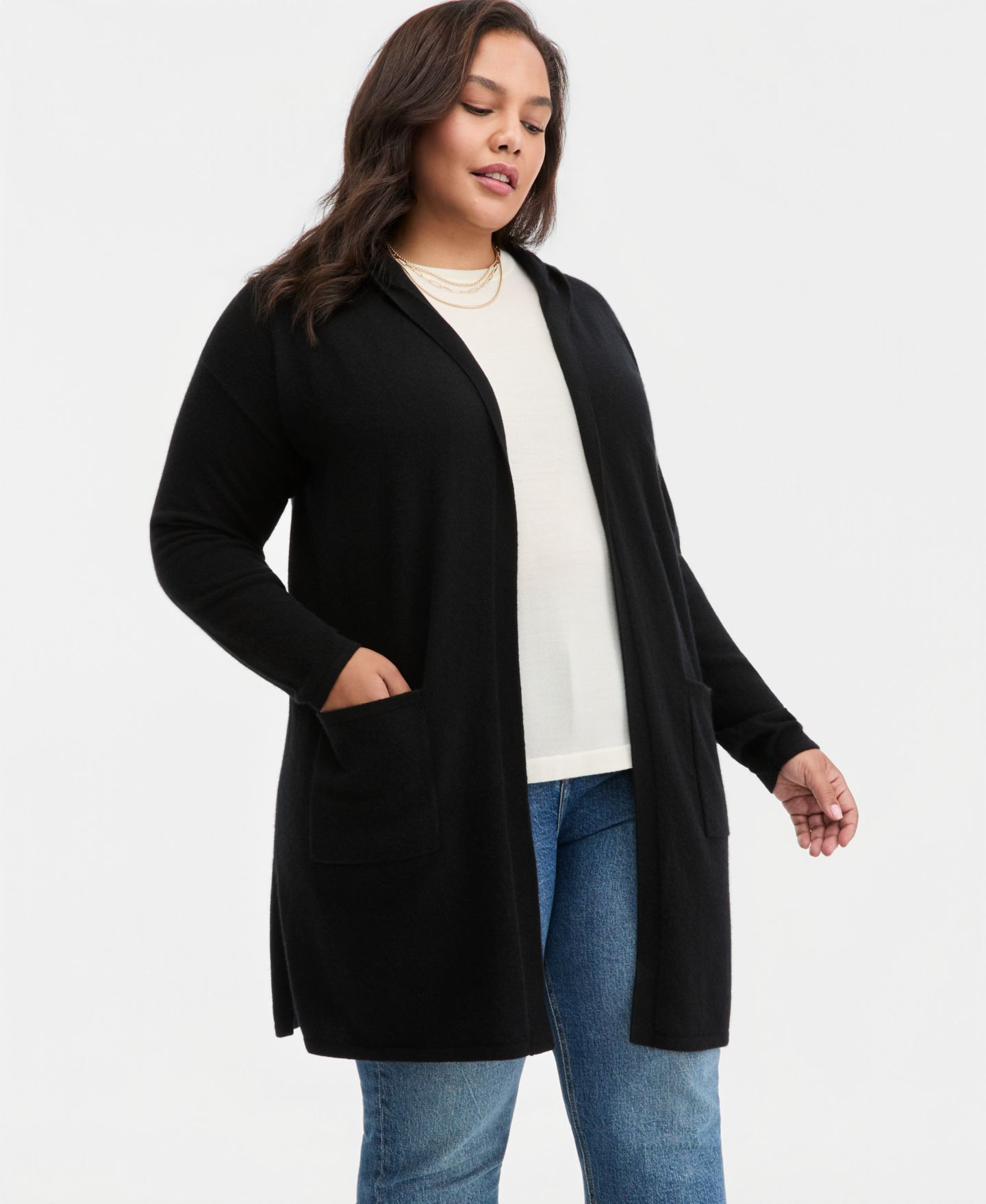 Женский кардиган Charter Club Plus Size Hooded 100% Cashmere, цвет: Чёрный — фото 1
