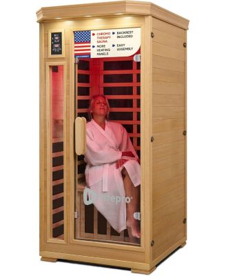 1-Person Far Infrared Home Sauna – Indoor Dry Sauna with Canadian Hemlock Wood, Oxygen Ionizer, 7 Chromotherapy Lights, Tempered Glass Door & Bluetooth Sound System
