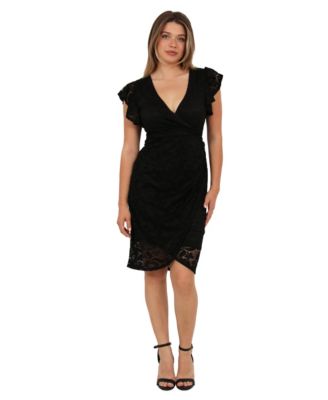 Women's Lace V-Neck Flutter-Sleeve Faux Wrap Midi Dress