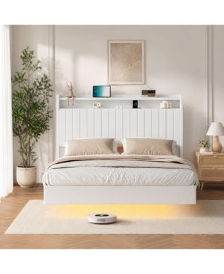 floating platform bed frame with hidden legs, app-controlled RGB LED lighting, headboard shelf, charging station, no box spring needed