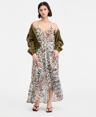 Bar Iii Women's Zebra Print Chiffon Halter High-Low Dress, Macy's Exclusive - Zebra
