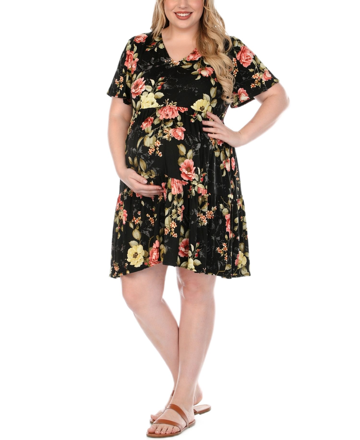 Plus Size Floral Print Short-Sleeve V-Neck Maternity Dress