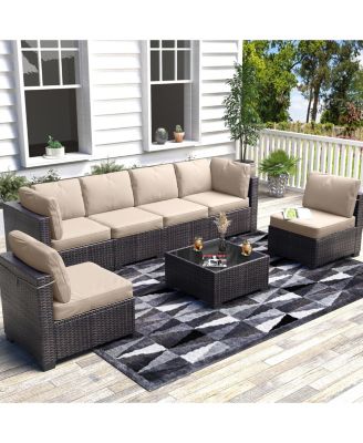 7-Piece Outdoor Patio Furniture Set with PE Rattan Sectional Sofa, Thick Cushions and Glass Top Coffee Table