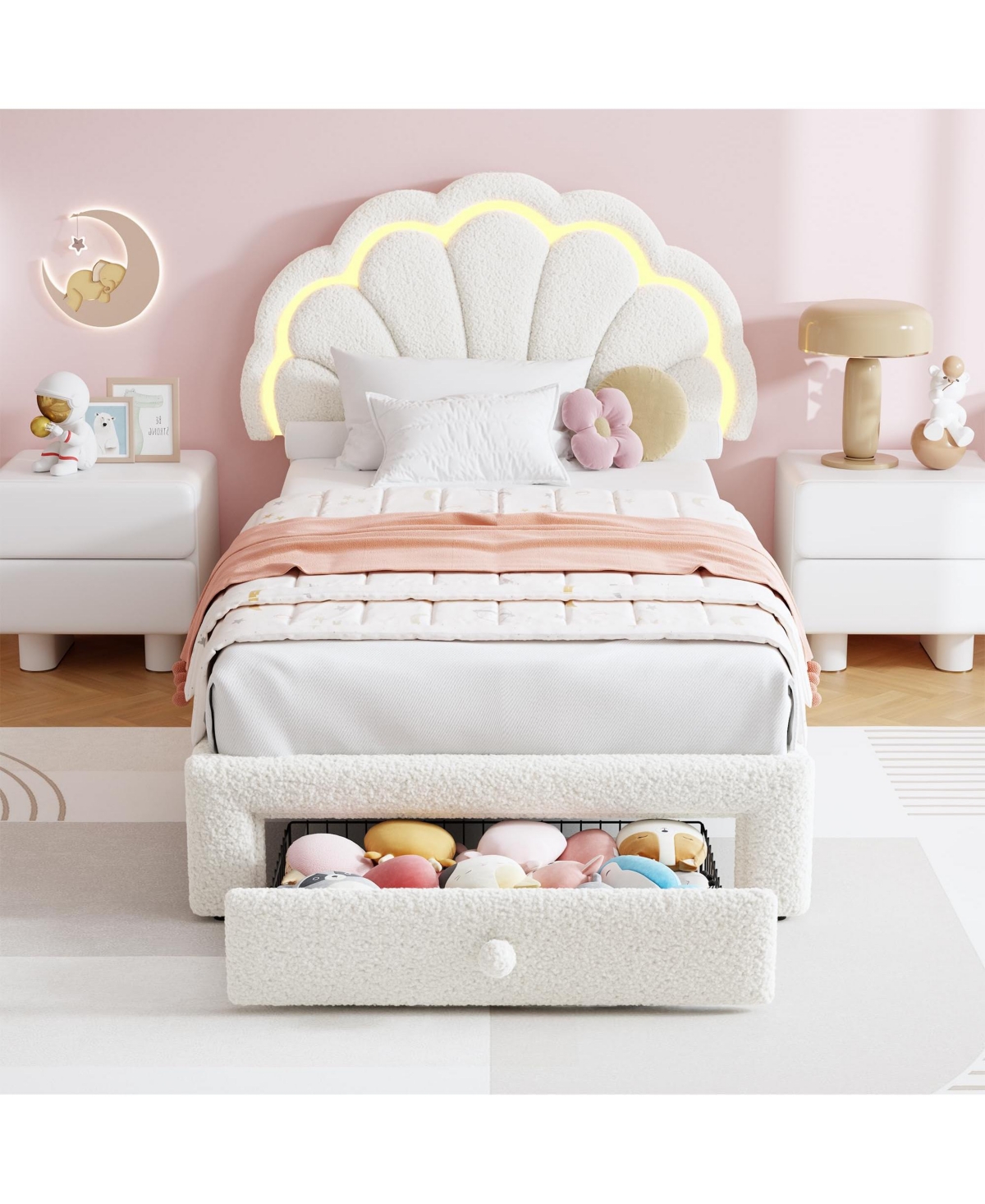 homfan Upholstered Platform Bed Frame with Led Petal Headboard and Storage Drawer, Kids Wood Slat Support