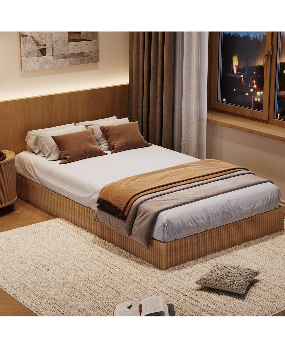 homfan Wood Platform Bed Frame with Fluted Design, Low Profile Bed, Quiet Slat Support