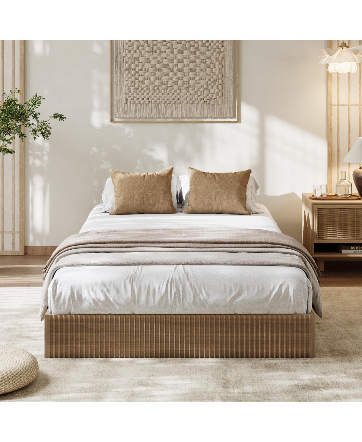 homfan Wood Platform Bed Frame with Fluted Design, Low Profile Bed, Quiet Slat Support