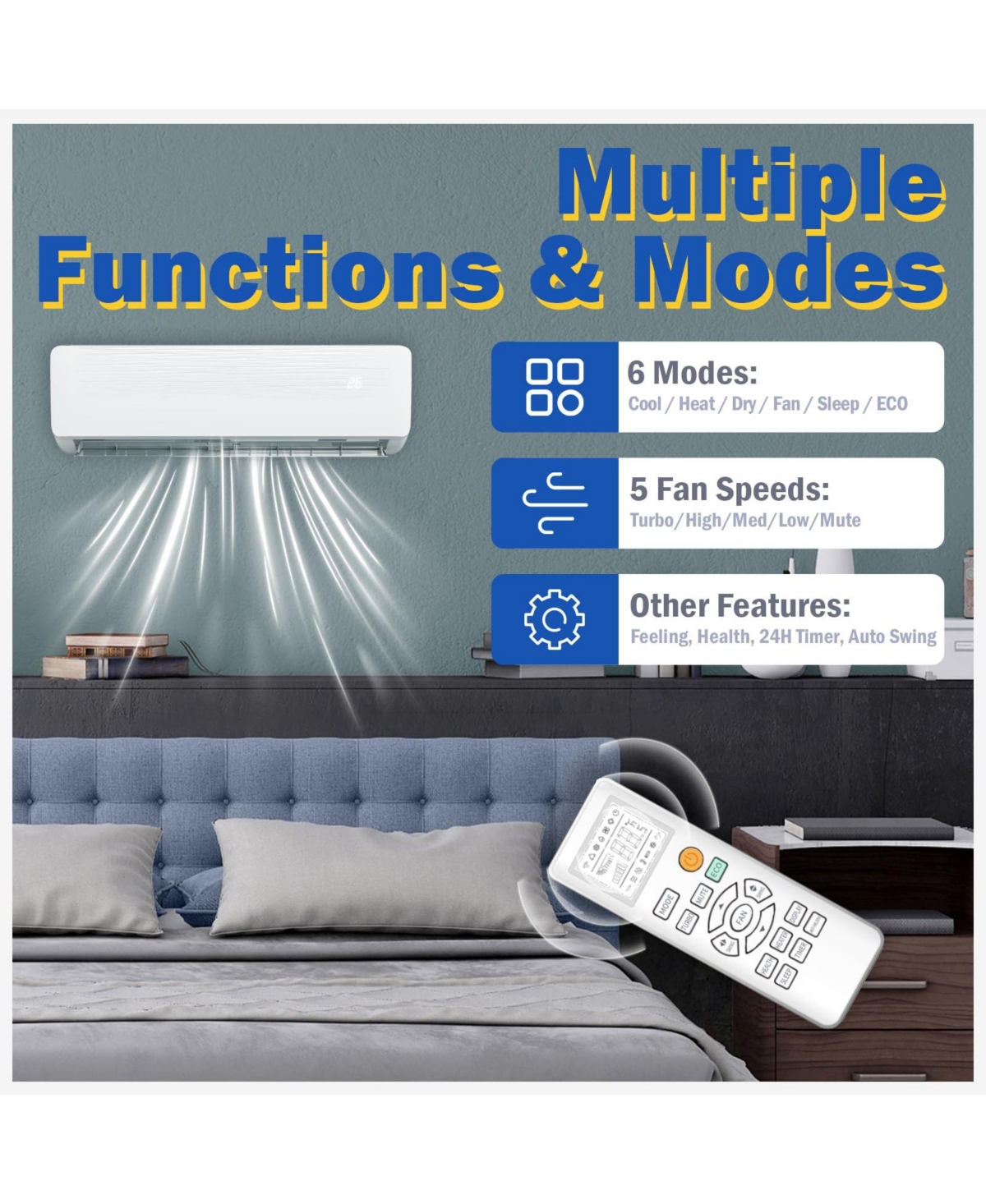 Xo 9000 Btu Mini Split Ac and Heat Pump, 19 SEER2 Inverter Ductless System, Cools 450 Sq. Ft, Pre-Charged Kit, Ultra-Quiet