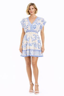 Women's Club Moda Blue Floral V-Neck Mini Dress - Smocked Waist Resort Wear Summer Vacation Dress