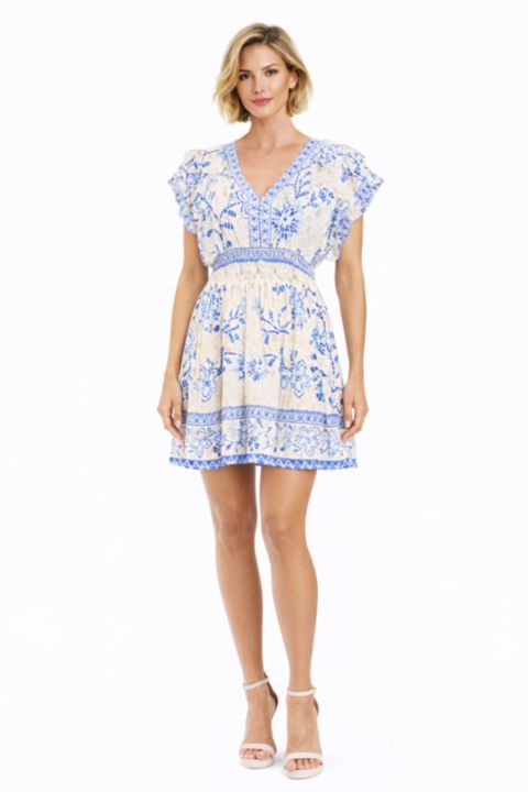 Женское платье La Moda Clothing Club Moda Blue Floral V-Neck Mini Dress - Smocked Waist Resort Wear Summer Vacation, цвет: Средний синий