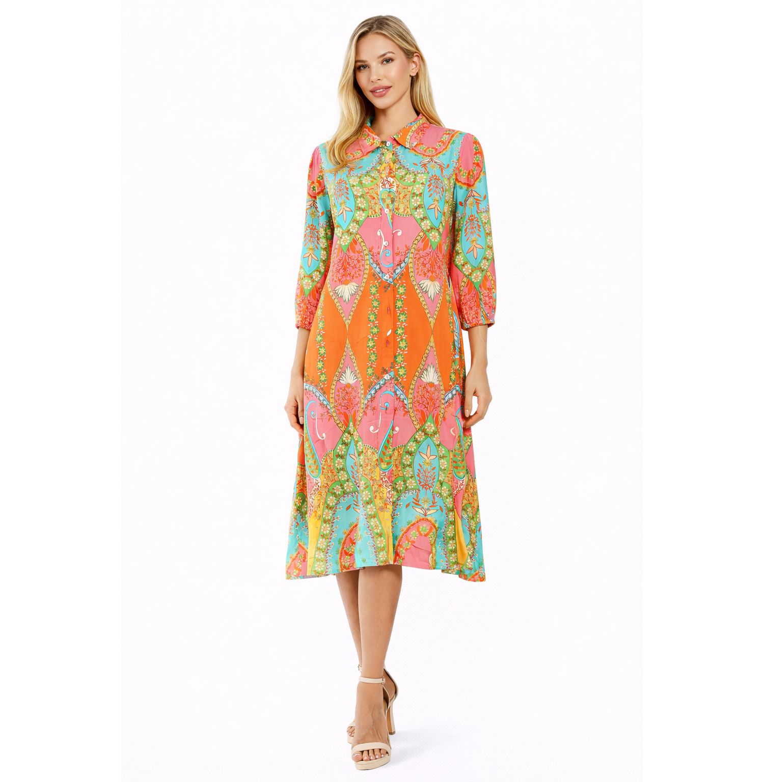 Women's Club Moda Blue Floral Button-Front Shirt Dress - Short Sleeve Midi Resort Wear Summer Vacation Dress