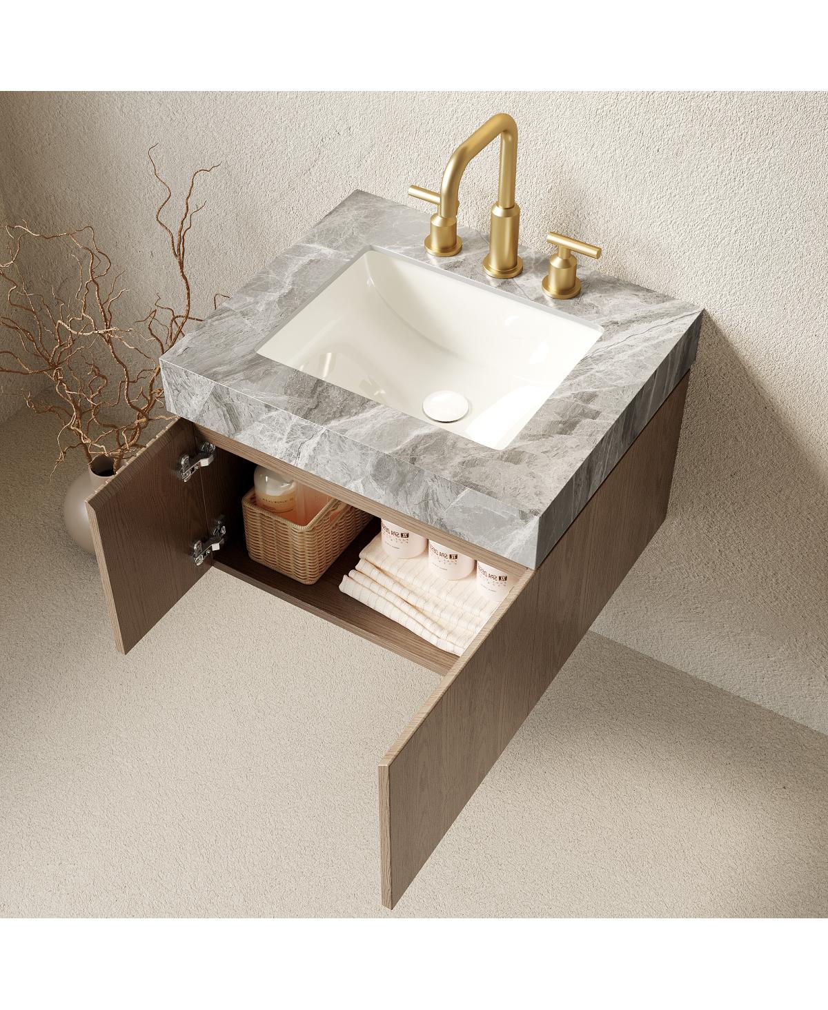 Sillysis Inches Wall Mount Bathroom Vanity with Sintered Stone Top, Ceramic Undermount Sink, Soft Close Storage Cabinet