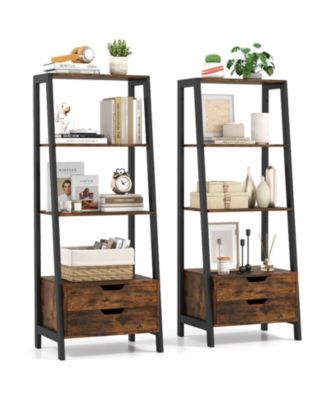 2 Piece Bookshelf with 2 Storage Drawers Sturdy Metal Frame Anti Toppling Devices